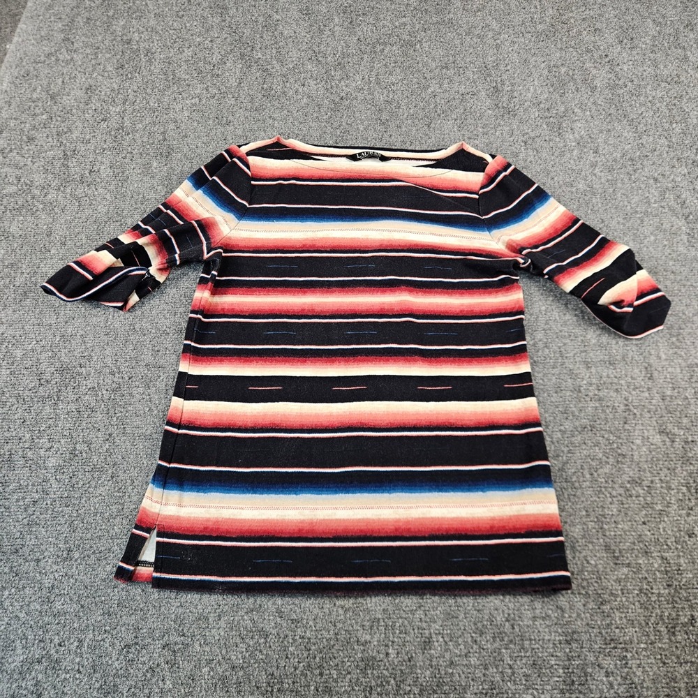 Lauren Ralph Lauren Boat Neck Striped Knit Top Elbow Sleeve Navy Red Small